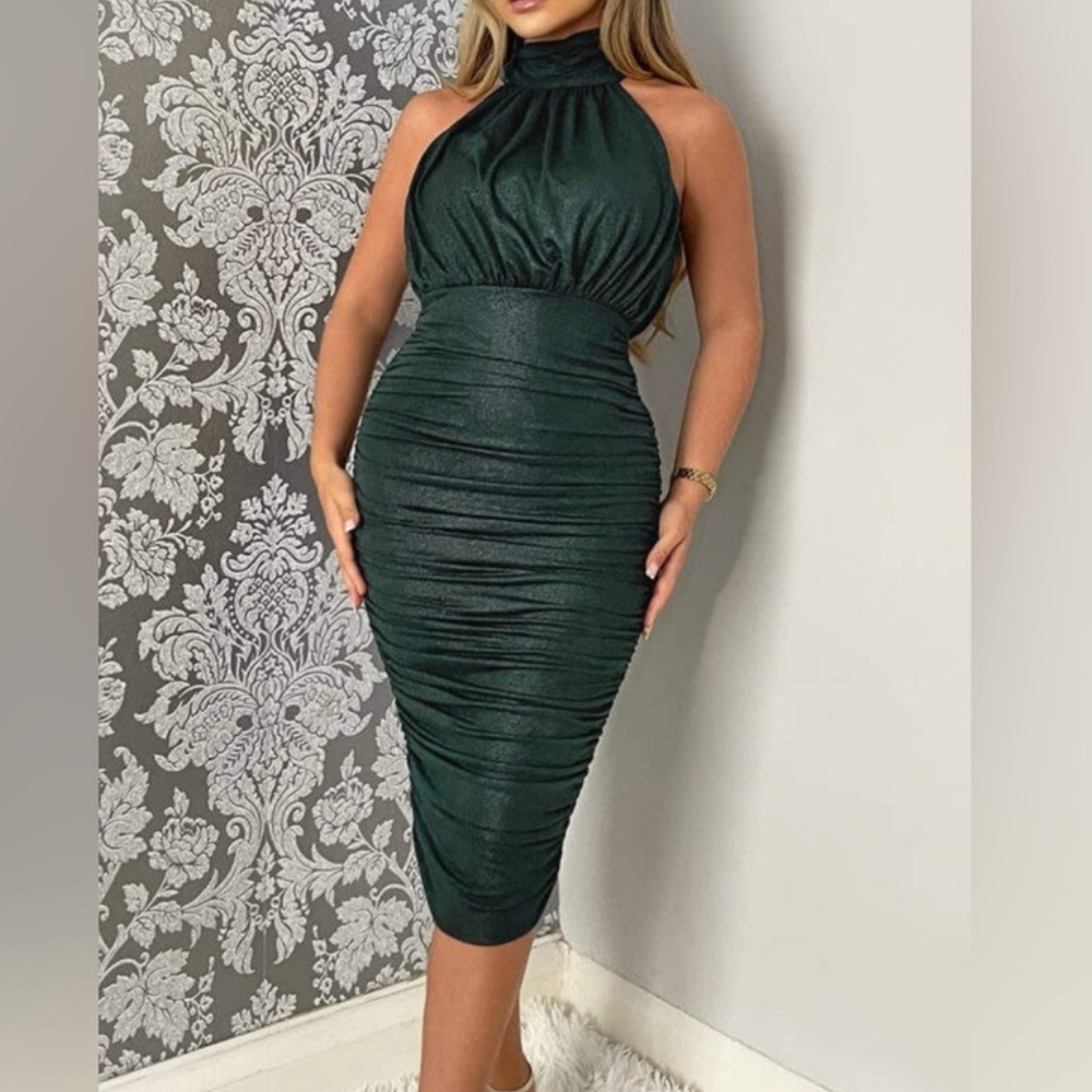 AX Paris Teal Shimmer Ruched Bodycon Midi Dress